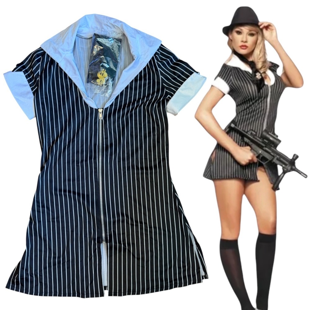 Be Wicked Gangster Girl Pinstripe Costume Dress BW883 Black White SM Tie Bag